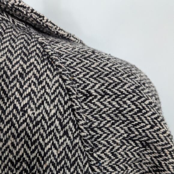 Vintage Wool Blend Coat L Black Cream 80s 90s Overcoat Trench Herringbon Classic - Picture 3 of 16